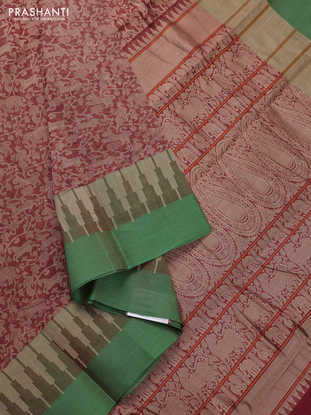 Kanchi cotton saree maroon and green with allover self emboss and temple design simple border