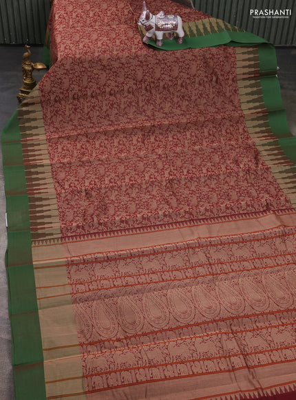 Kanchi cotton saree maroon and green with allover self emboss and temple design simple border