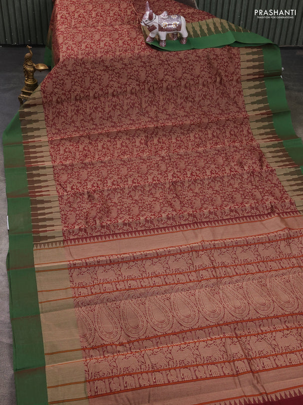 Kanchi cotton saree maroon and green with allover self emboss and temple design simple border