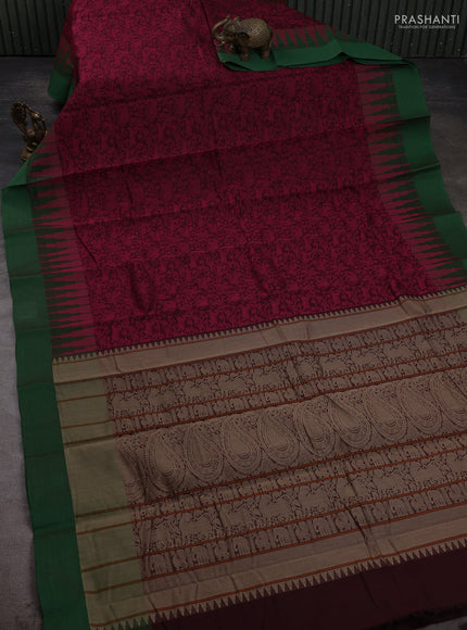 Kanchi cotton saree magenta pink and green with allover self emboss and temple design simple border