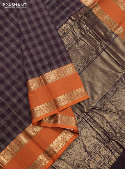 Kanchi cotton saree jamun shade and rust shade with allover thread checked pattern and rettapet zari woven border