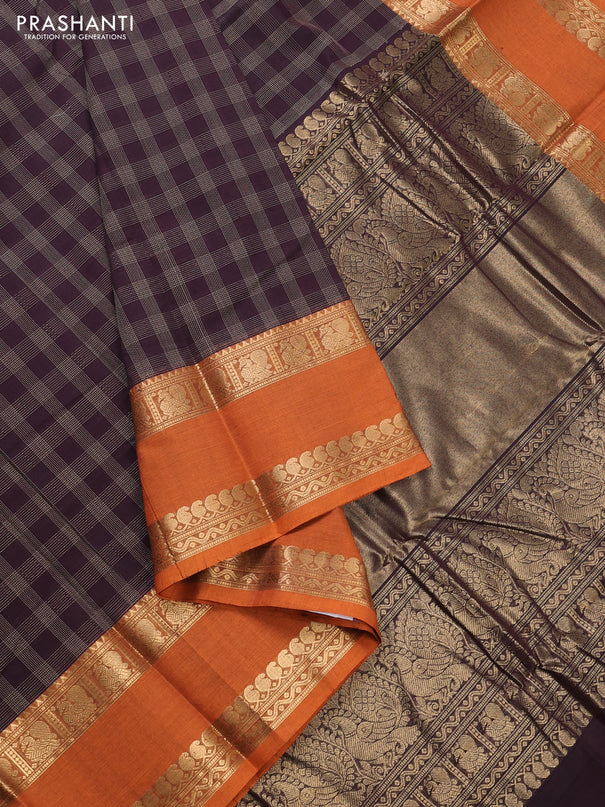 Kanchi cotton saree jamun shade and rust shade with allover thread checked pattern and rettapet zari woven border