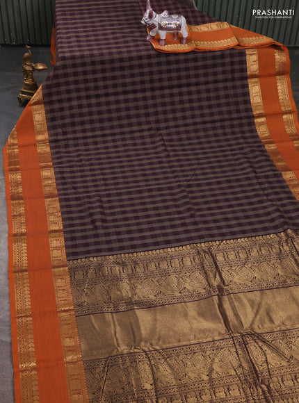Kanchi cotton saree jamun shade and rust shade with allover thread checked pattern and rettapet zari woven border