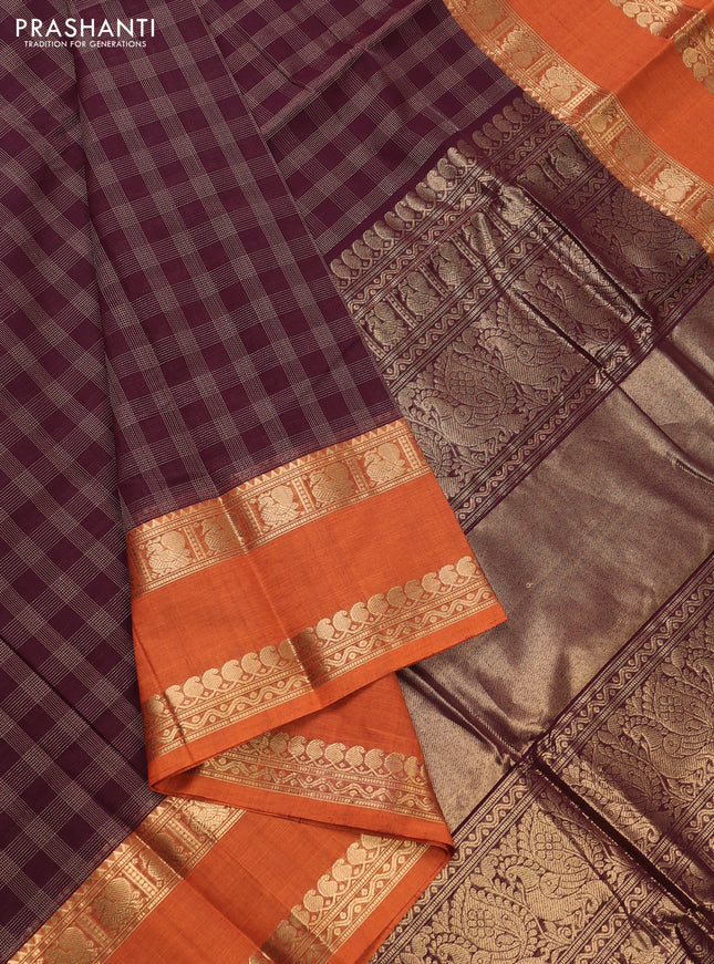 Kanchi cotton saree wine shade and sunset  orange with allover thread checked pattern and rettapet zari woven border