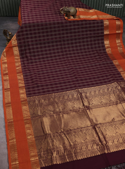 Kanchi cotton saree wine shade and sunset  orange with allover thread checked pattern and rettapet zari woven border