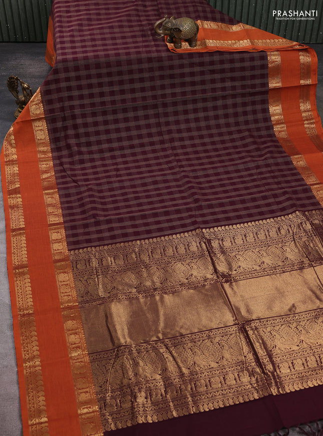 Kanchi cotton saree wine shade and sunset  orange with allover thread checked pattern and rettapet zari woven border