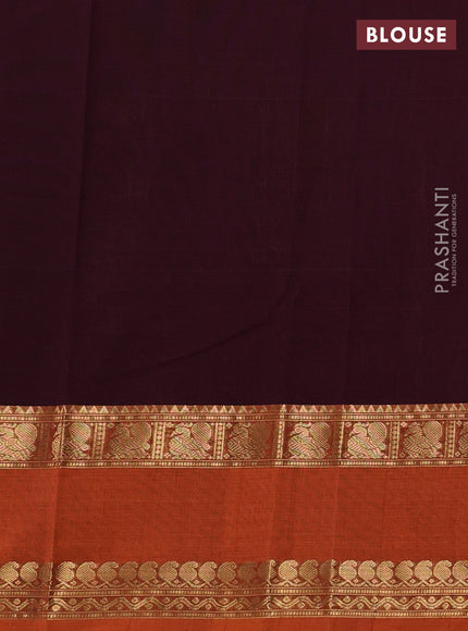 Kanchi cotton saree wine shade and sunset  orange with allover thread checked pattern and rettapet zari woven border