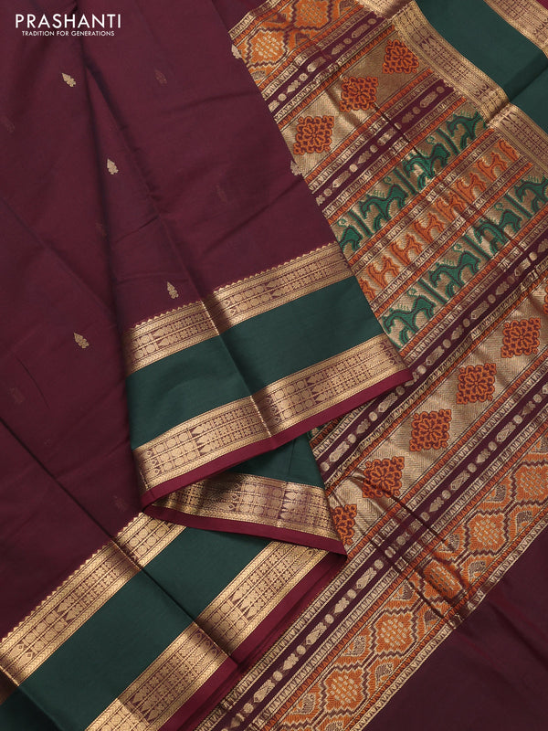 Kanchi cotton saree deep maroon and green with zari woven buttas and rettapet zari woven border