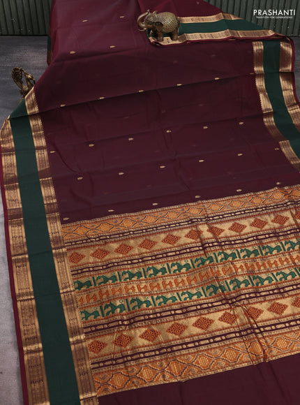 Kanchi cotton saree deep maroon and green with zari woven buttas and rettapet zari woven border