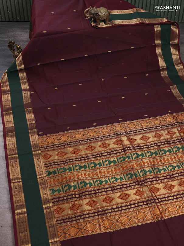 Kanchi cotton saree deep maroon and green with zari woven buttas and rettapet zari woven border