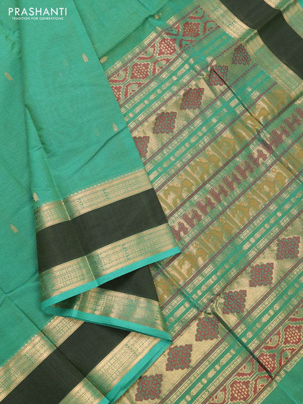 Kanchi cotton saree teal green and green with zari woven buttas and rettapet zari woven border