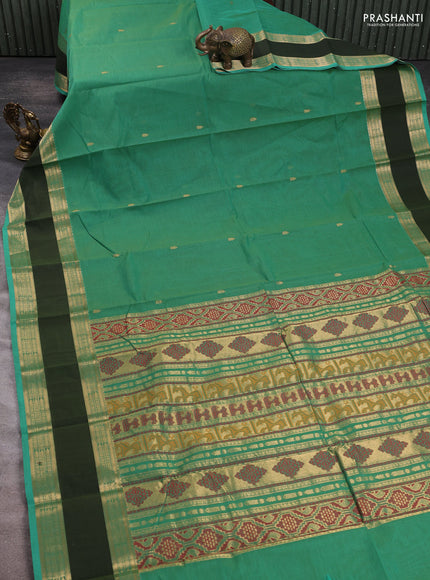 Kanchi cotton saree teal green and green with zari woven buttas and rettapet zari woven border