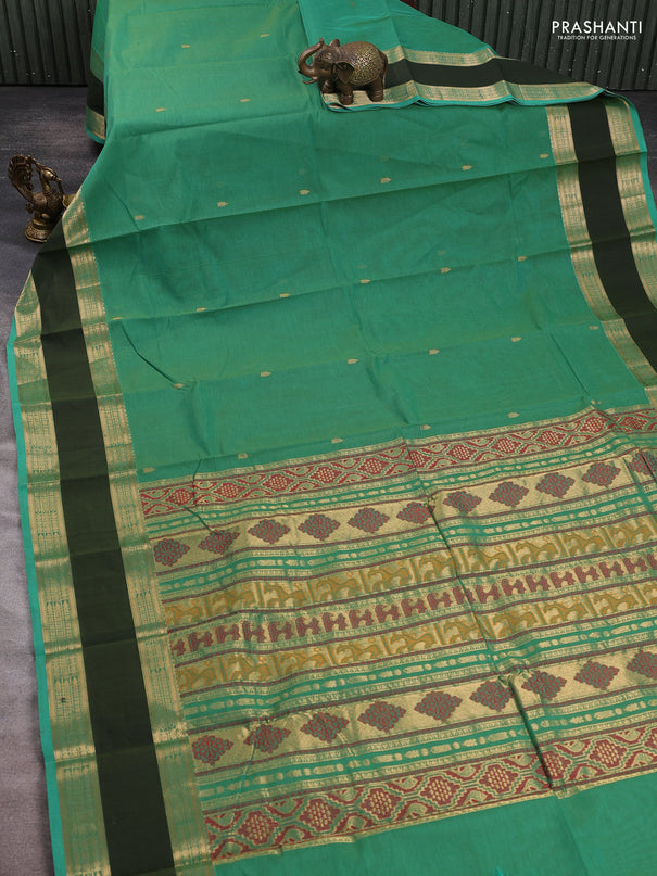 Kanchi cotton saree teal green and green with zari woven buttas and rettapet zari woven border