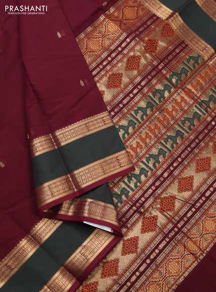 Kanchi cotton saree deep maroon and bottle green with zari woven buttas and rettapet zari woven border