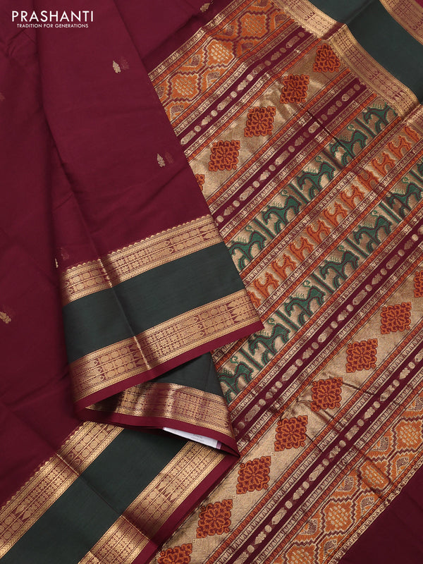 Kanchi cotton saree deep maroon and bottle green with zari woven buttas and rettapet zari woven border