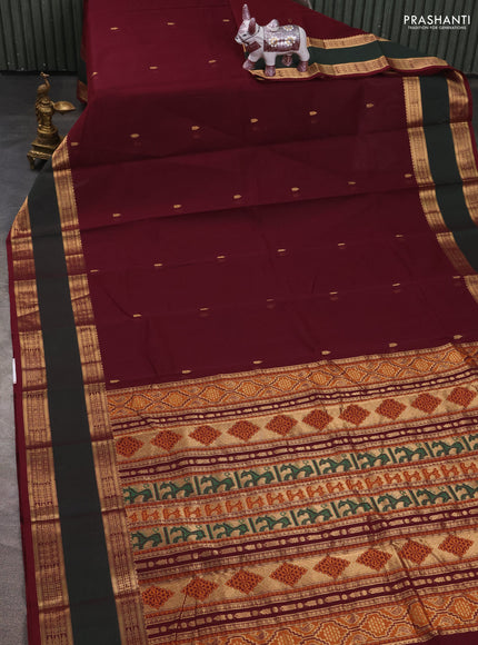 Kanchi cotton saree deep maroon and bottle green with zari woven buttas and rettapet zari woven border