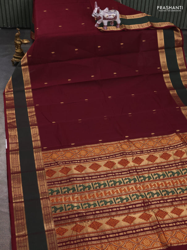 Kanchi cotton saree deep maroon and bottle green with zari woven buttas and rettapet zari woven border