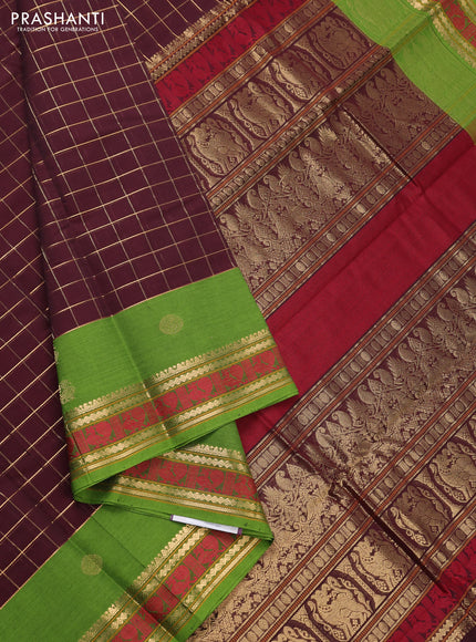 Kanchi cotton saree coffee brown and light green with allover zari checks & buttas and thread & zari woven border