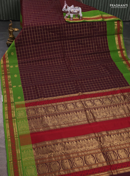 Kanchi cotton saree coffee brown and light green with allover zari checks & buttas and thread & zari woven border