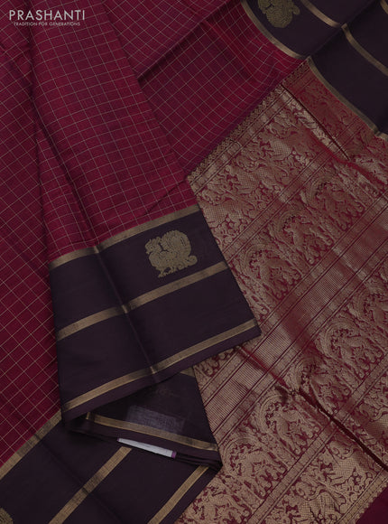Kanchi cotton saree deep maroon and coffee brown with allover thread checked pattern and long zari woven border