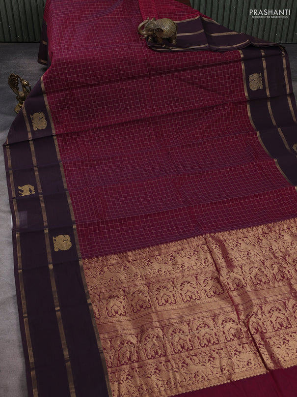 Kanchi cotton saree deep maroon and coffee brown with allover thread checked pattern and long zari woven border