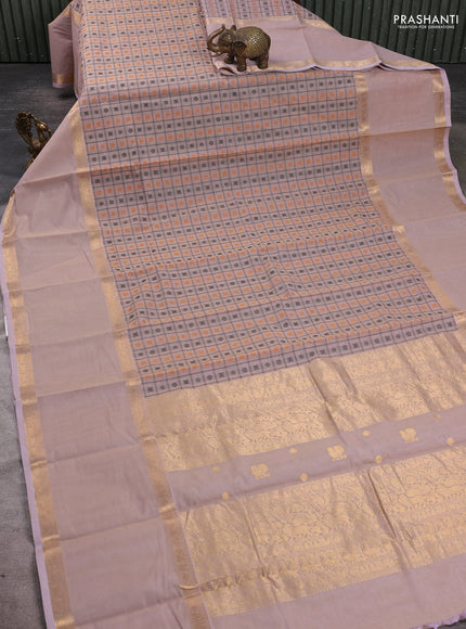 Kanchi cotton saree sandal and pastel pink with allover checks & thread woven buttas and long rettapet zari woven border
