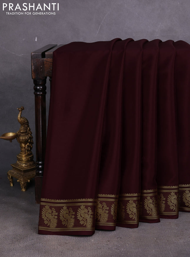 Pure mysore silk saree coffee brown with plain body and zari woven butta border