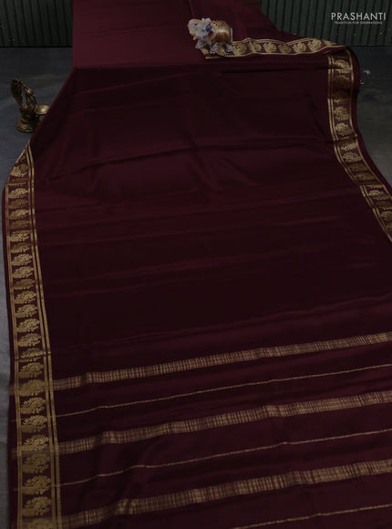 Pure mysore silk saree coffee brown with plain body and zari woven butta border