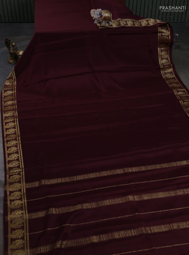 Pure mysore silk saree coffee brown with plain body and zari woven butta border