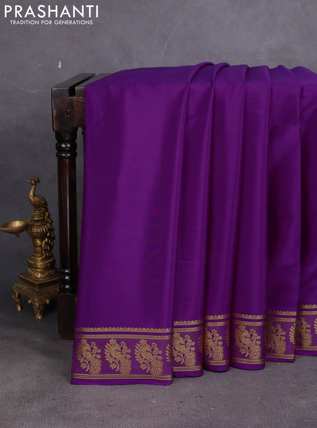Pure mysore silk saree purple with plain body and zari woven butta border