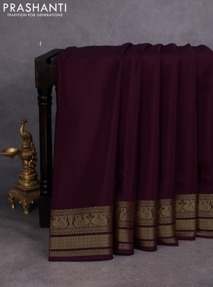 Pure mysore silk saree deep wine with plain body and long zari woven border