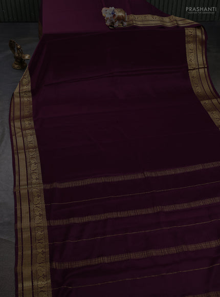 Pure mysore silk saree deep wine with plain body and long zari woven border
