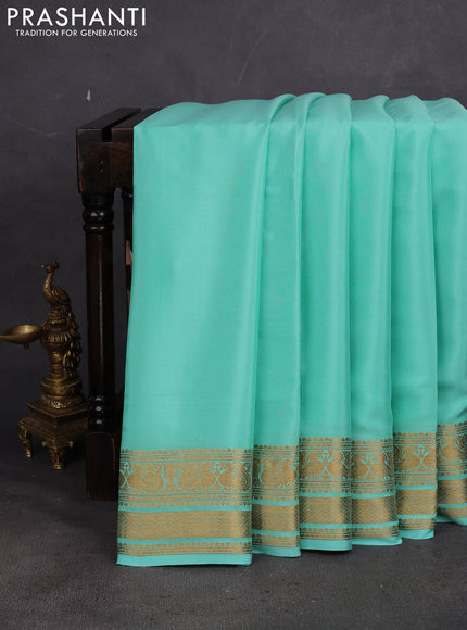 Pure mysore silk saree teal green with plain body and long zari woven border