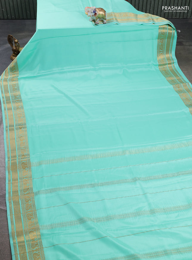 Pure mysore silk saree teal green with plain body and long zari woven border