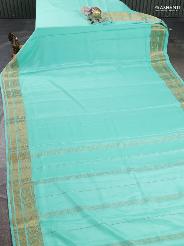 Pure mysore silk saree teal green with plain body and long zari woven border