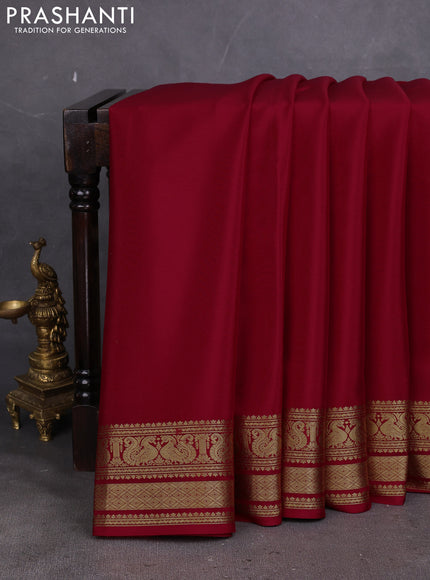 Pure mysore silk saree red with plain body and long zari woven border