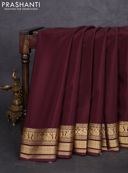 Pure mysore silk saree coffee brown with plain body and long zari woven border