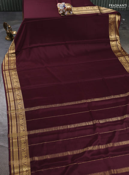 Pure mysore silk saree coffee brown with plain body and long zari woven border