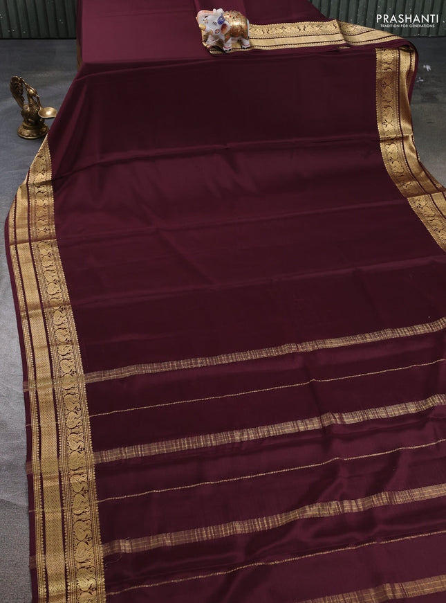 Pure mysore silk saree coffee brown with plain body and long zari woven border