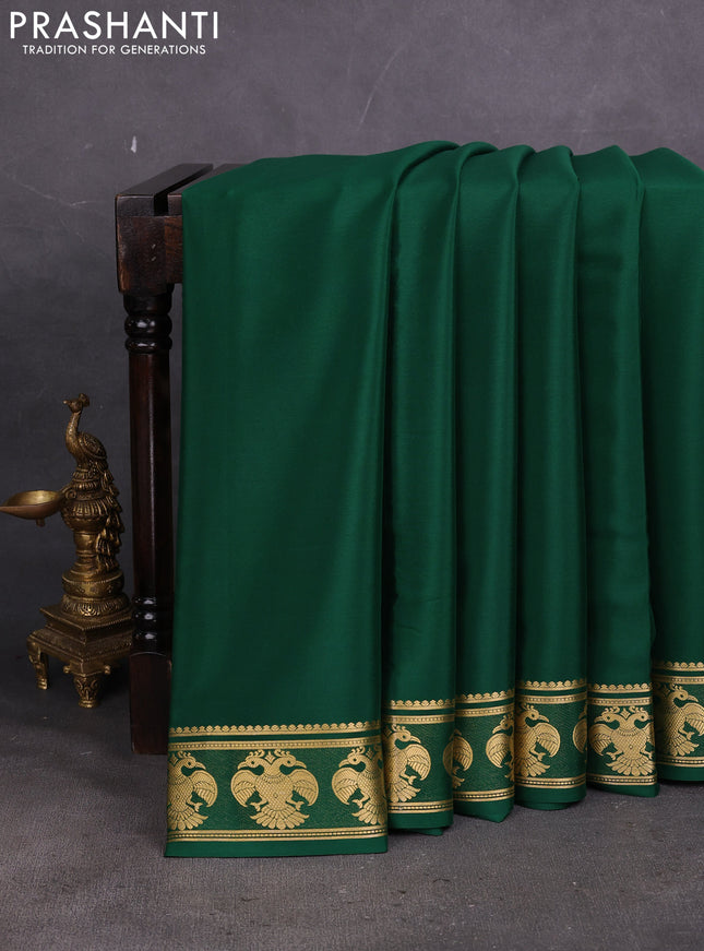 Pure mysore silk saree bottle green with plain body and paisley zari woven border