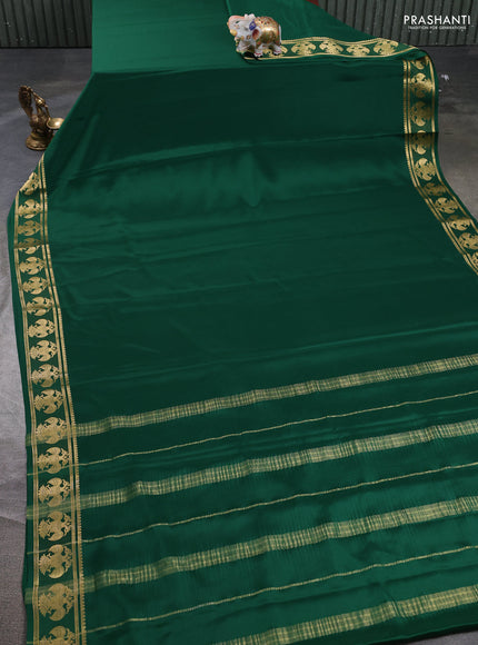 Pure mysore silk saree bottle green with plain body and paisley zari woven border