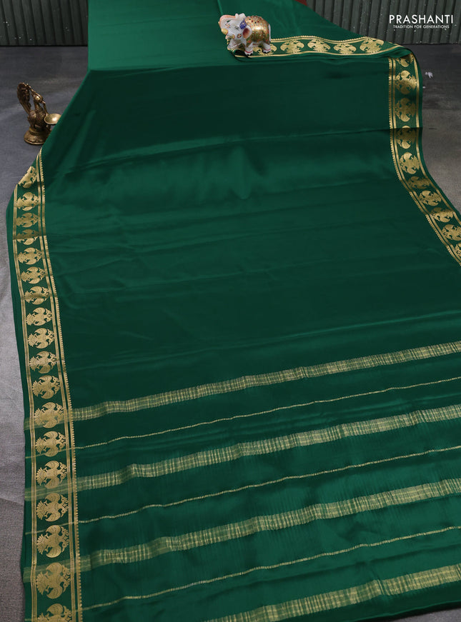Pure mysore silk saree bottle green with plain body and paisley zari woven border
