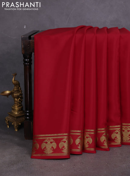 Pure mysore silk saree red with plain body and paisley zari woven border