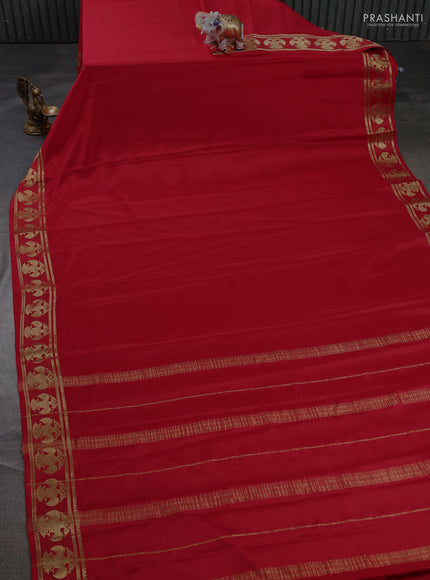 Pure mysore silk saree red with plain body and paisley zari woven border