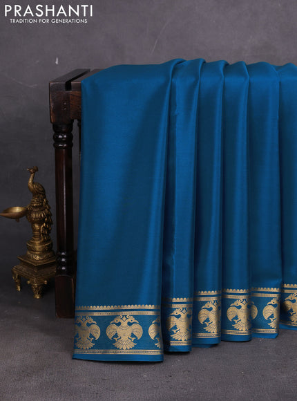 Pure mysore silk saree cs blue with plain body and paisley zari woven border