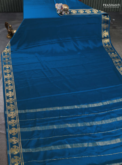 Pure mysore silk saree cs blue with plain body and paisley zari woven border