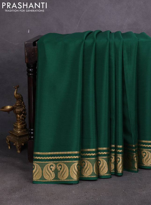 Pure mysore silk saree green with plain body and paisley zari woven border