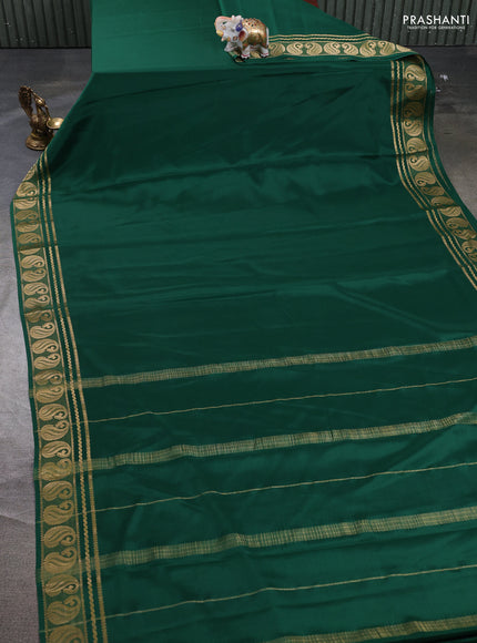 Pure mysore silk saree green with plain body and paisley zari woven border