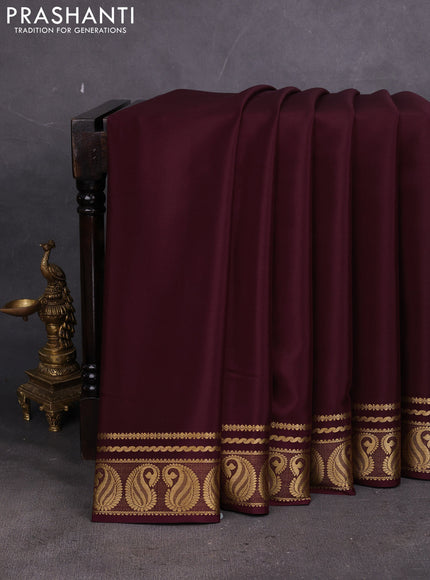 Pure mysore silk saree coffee brown with plain body and paisley zari woven border