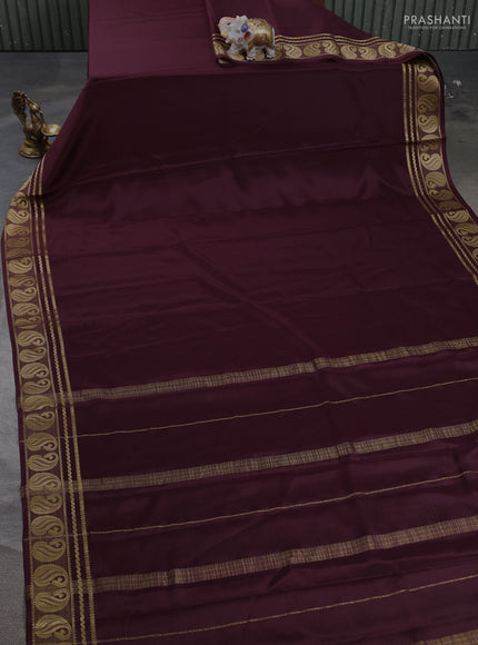 Pure mysore silk saree coffee brown with plain body and paisley zari woven border